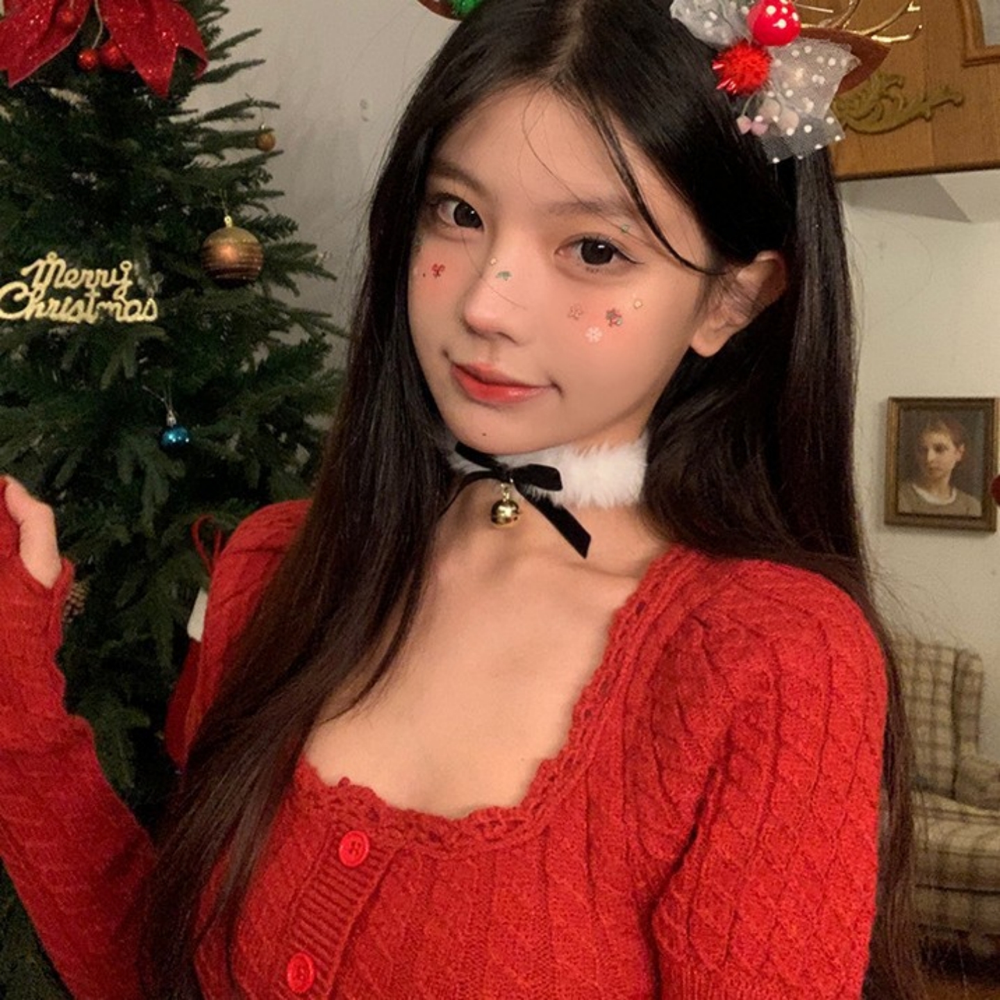 甜欲毛绒项链女铃铛choker项圈圣诞节氛围红色蝴蝶结颈链秋冬配饰 - 图2