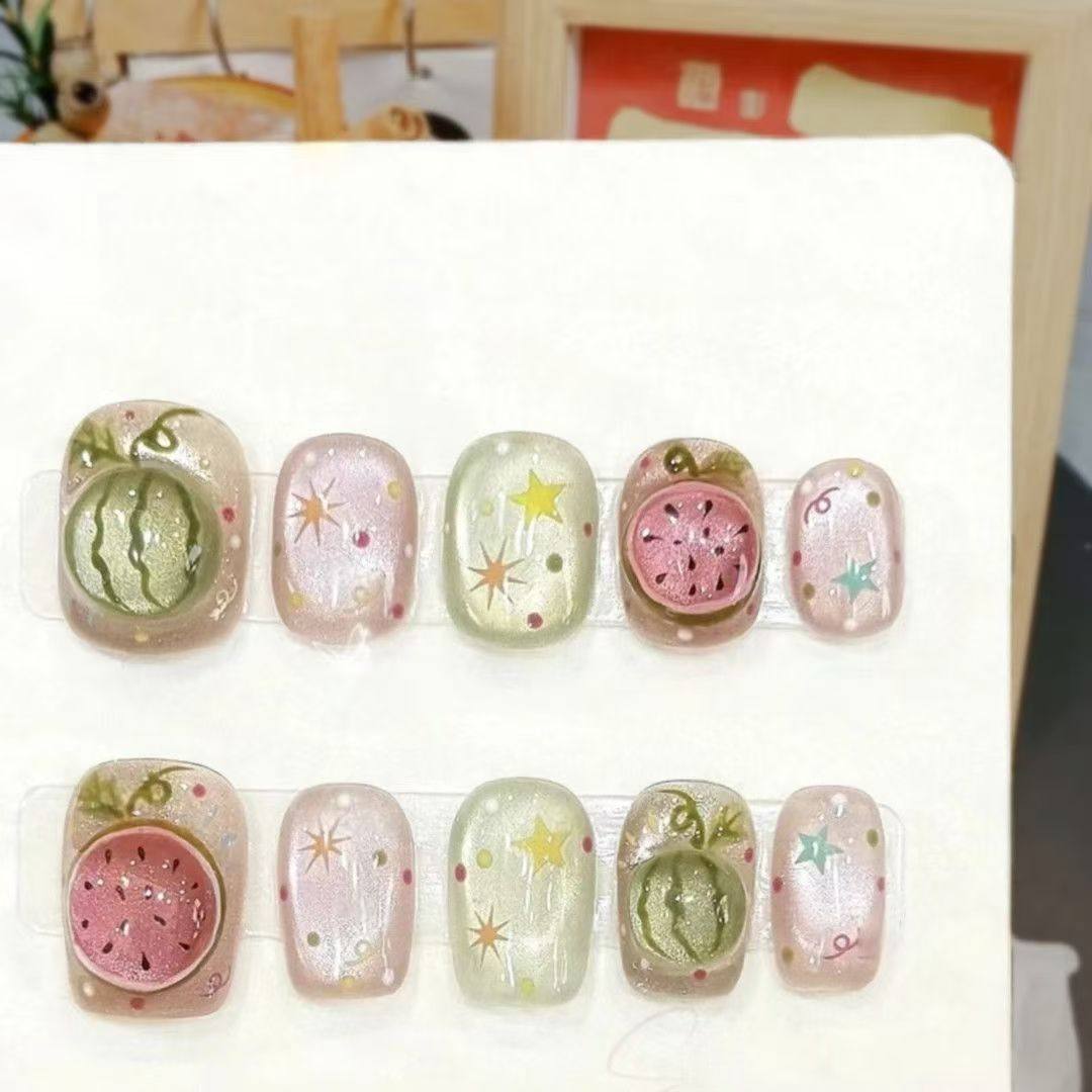 纯手工儿童穿戴甲女童美甲夏季清爽西瓜纯手工穿戴甲学生公主短款,淘宝优惠券,粉丝福利购,淘宝优惠卷