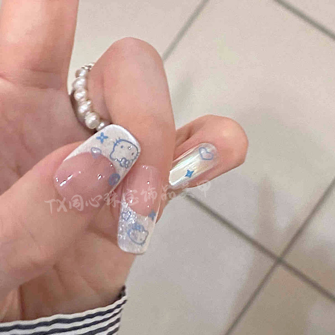 手工儿童穿戴甲女童成人通用可爱蓝Kitty猫眼美甲贴片成品假指甲,淘宝优惠券,粉丝福利购,淘宝优惠卷