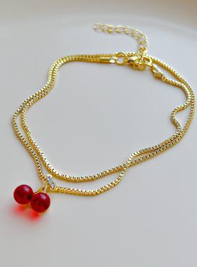 Red cherry pendant necklace women跨境红色樱桃吊坠项链女小众