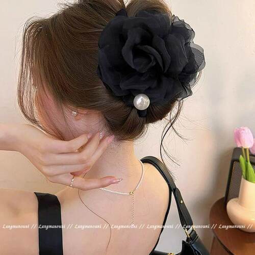 玫瑰山茶~甜美花朵抓夹女2025新款大号氛围鲨鱼夹发夹高级感头饰 - 图1