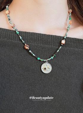 圆形设计感毛衣链串珠月亮锁骨