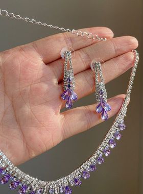 饰品批发紫色水滴项链耳钉套装
