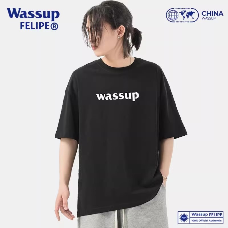 WASSUP纯棉T恤学院风运动短裤宽松夏季高街美式潮牌印花T恤橙