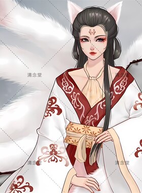 极速涂山九尾狐画像白色狐狸卷轴挂画胡家东北出S马客厅堂口供奉