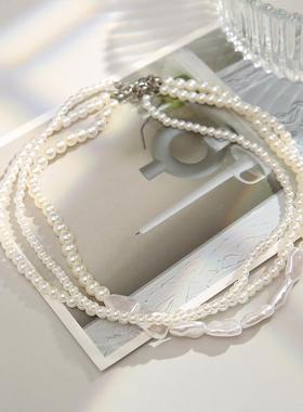 Vintage pearl necklace chain women法式复古珍珠项链叠戴锁骨链