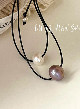 mapuce韩国黑色抽绳珍珠s925银时尚秋冬简约ins锁骨毛衣链项链