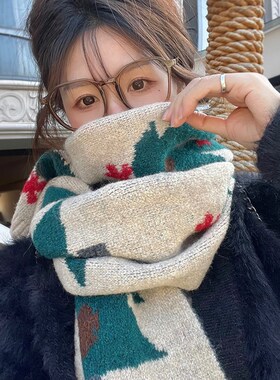 圣诞节日礼物绿色圣诞树针织围巾女冬季保暖百搭学生情侣毛线围脖