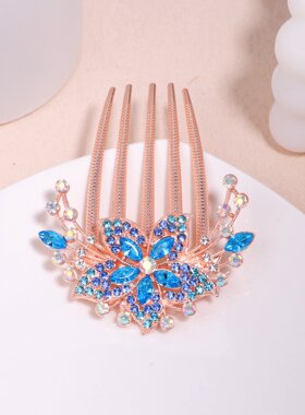 韩系镶水钻插梳花瓣韩版新款发饰五齿梳百搭盘发夹马尾电镀
