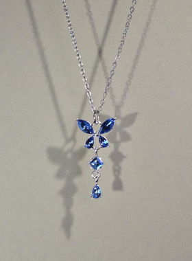 蓝蝶幽梦爆闪锆石蝴蝶流苏项链