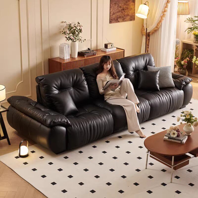 云漫真皮沙发极简客厅意式中古可调节靠背大坐深直排皮艺沙发组合