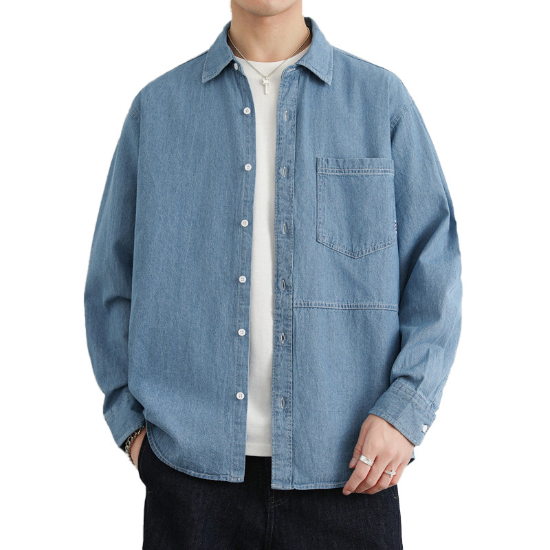 春秋款纯棉牛仔衬衫男长袖宽松翻领休闲衬衣外套潮流深蓝色,淘宝优惠券,粉丝福利购,淘宝优惠卷