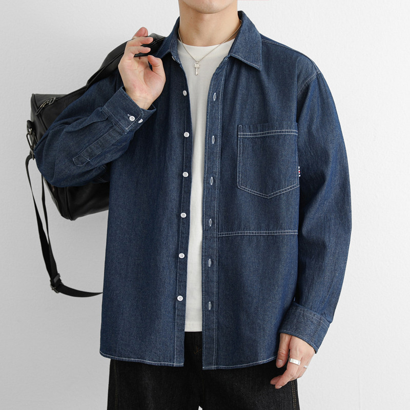 春秋款纯棉牛仔衬衫男长袖宽松翻领休闲衬衣外套潮流深蓝色,淘宝优惠券,粉丝福利购,淘宝优惠卷