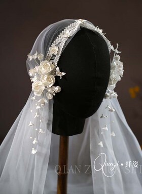 超仙复古民国风铃兰花头纱森系新娘婚纱礼服帽纱跟妆影楼旅拍配饰
