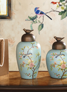 美式乡村花鸟陶瓷储物罐家居软装饰品客厅玄关酒柜样板间摆件欧式