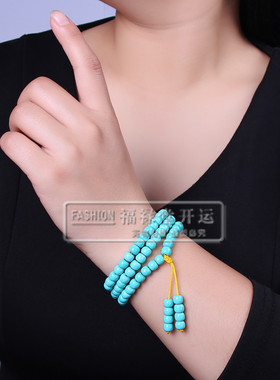 天然原矿无优化绿松石桶珠手串高瓷蓝手链108颗圆珠项链散珠配饰