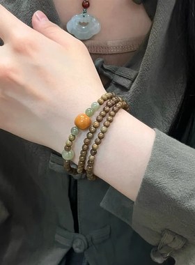 绿檀木猴头双圈手串女生高级感串珠秀气项链木质文玩佛珠手链礼物