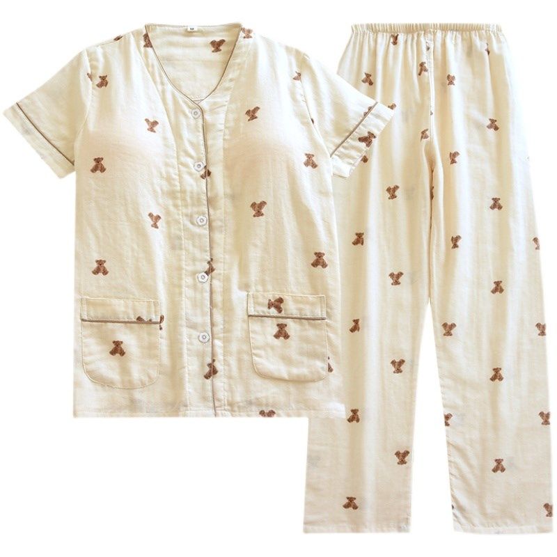 带胸垫短袖长裤夏季薄款纯棉麻睡衣套装女款双层纱布免文胸家居服,淘宝优惠券,粉丝福利购,淘宝优惠卷