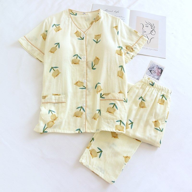 带胸垫短袖长裤夏季薄款纯棉麻睡衣套装女款双层纱布免文胸家居服,淘宝优惠券,粉丝福利购,淘宝优惠卷