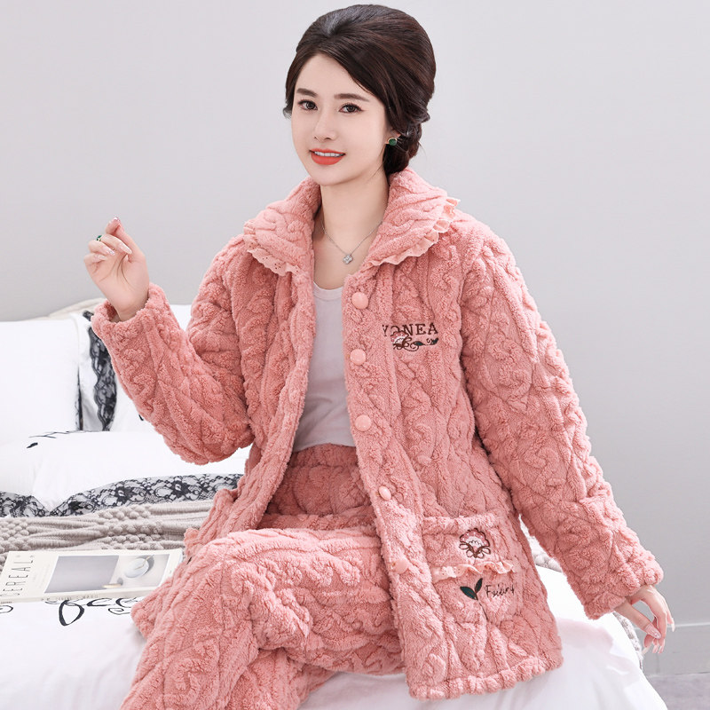 2025年新款秋冬季珊瑚绒睡衣中老年女士加厚加绒三层夹棉妈妈套装,淘宝优惠券,粉丝福利购,淘宝优惠卷