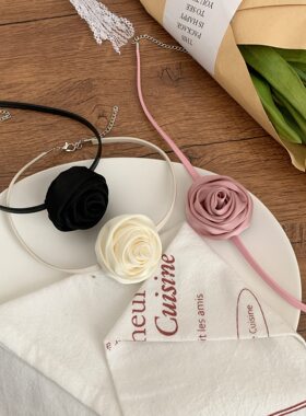 玫瑰花颈链choker项圈丝带吊坠绑发法式复古夏季带锁骨链项链