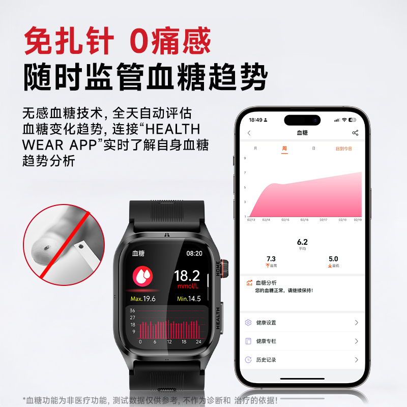 【气泵式】VTT测血压量智能手表血糖尿酸血脂心电风险评估气囊高精准度血氧心率运动睡眠监测仪老人健康手环 - 图2