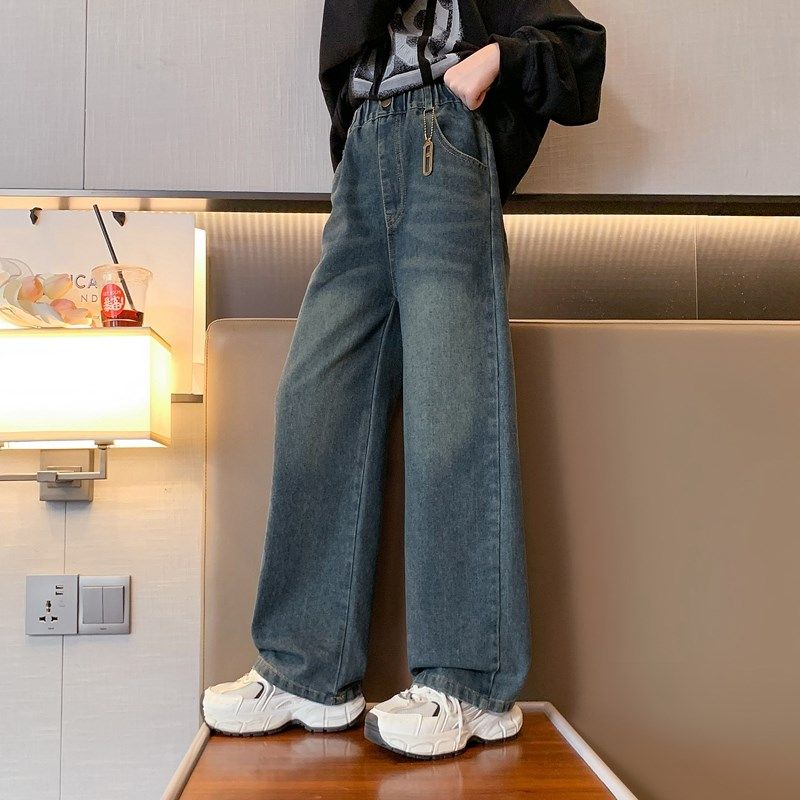 女童牛仔阔腿裤春秋款2023新款直筒休闲裤9秋装8洋气12岁儿童裤子,淘宝优惠券,粉丝福利购,淘宝优惠卷