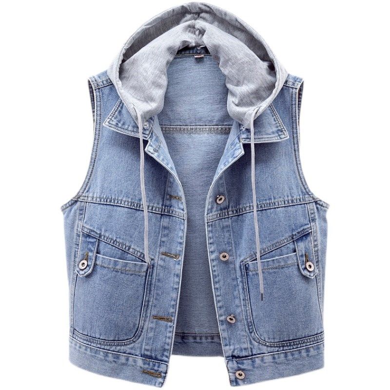 2024春秋新款修身连帽牛仔马甲女短款单排扣无袖坎肩百搭学生上衣,淘宝优惠券,粉丝福利购,淘宝优惠卷