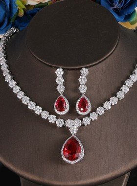 新品超闪花朵微镶锆石项链耳环套装新娘晚礼服配饰宴会饰品