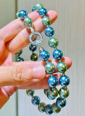 高品质10mm混彩莫兰迪色珍珠项链蓝绿色长款毛衣链轻奢小众锁骨链