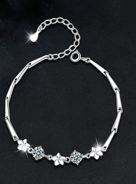 跨境s925纯银莫桑钻五叶草手链女