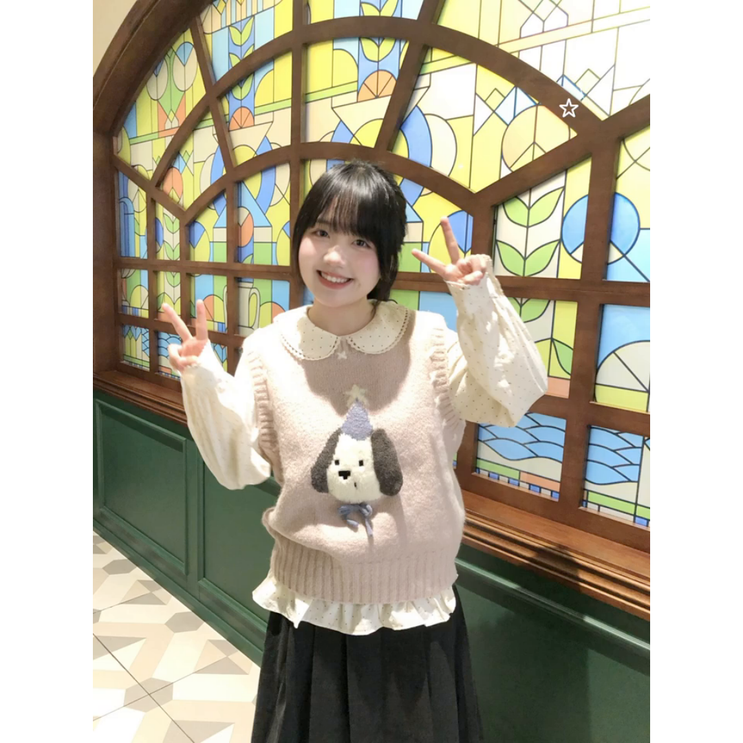 超可爱套装日系小个子小狗提花针织马甲娃娃领波点上衣女学生套装,淘宝优惠券,粉丝福利购,淘宝优惠卷