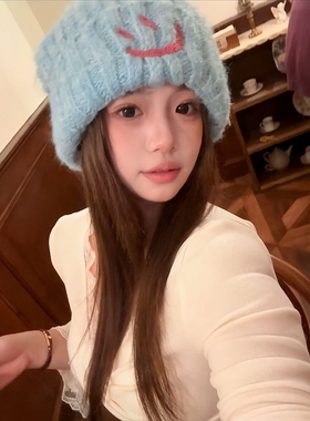 蓝色笑脸针织帽女2026新款冬天保暖大头围加厚护耳好看显脸小帽子