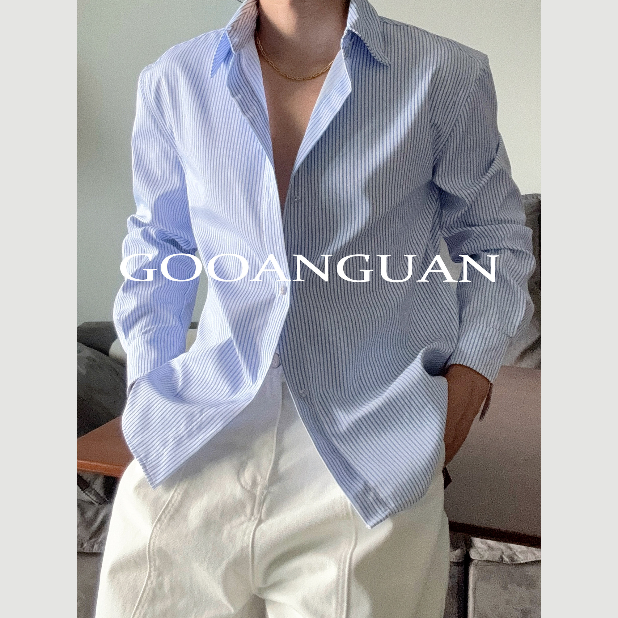 谷安关钻扣衬衫正肩黑白色收腰翻领上衣抗皱纯色男生长袖cleanfit,淘宝优惠券,粉丝福利购,淘宝优惠卷