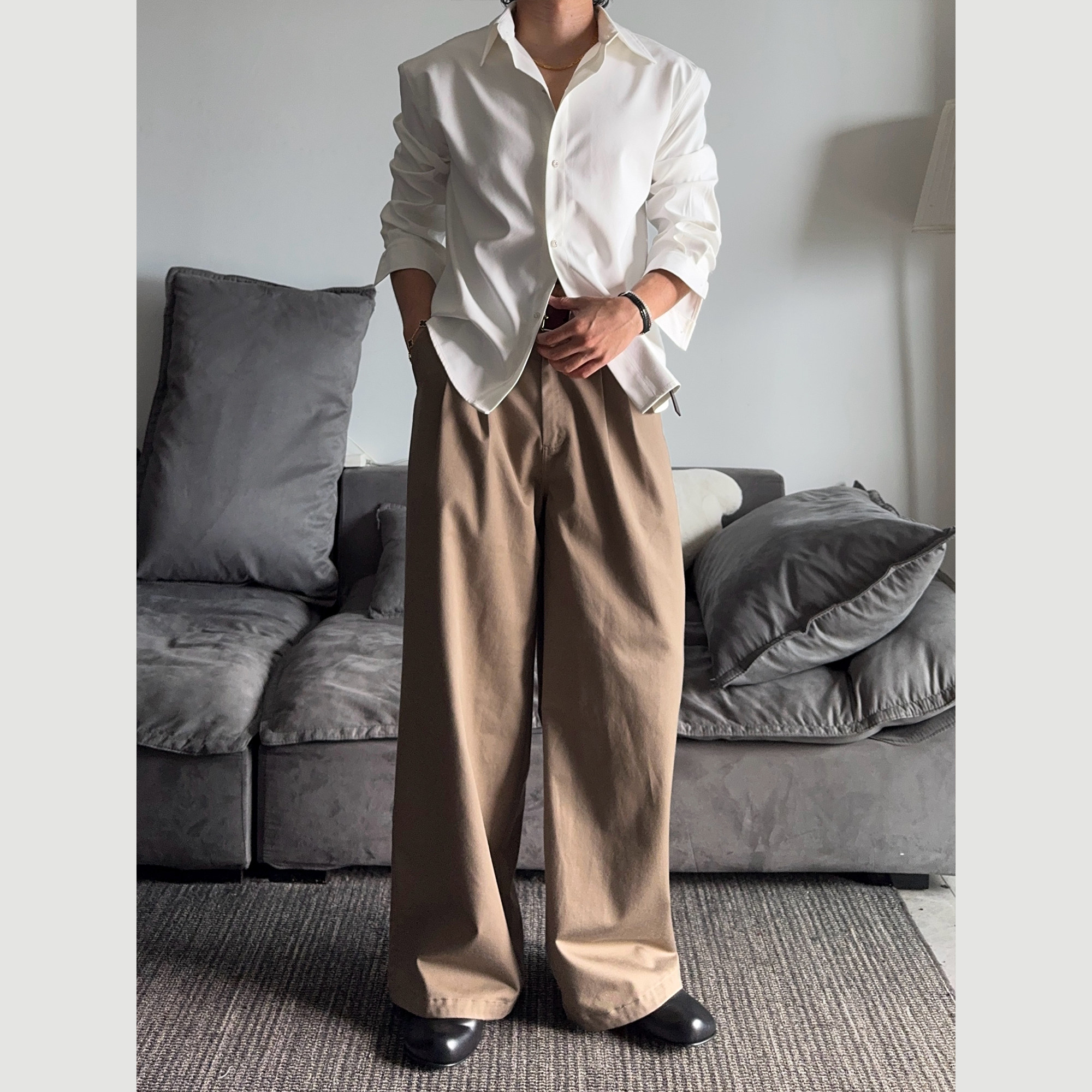 谷安关钻扣衬衫正肩黑白色收腰翻领上衣抗皱纯色男生长袖cleanfit,淘宝优惠券,粉丝福利购,淘宝优惠卷