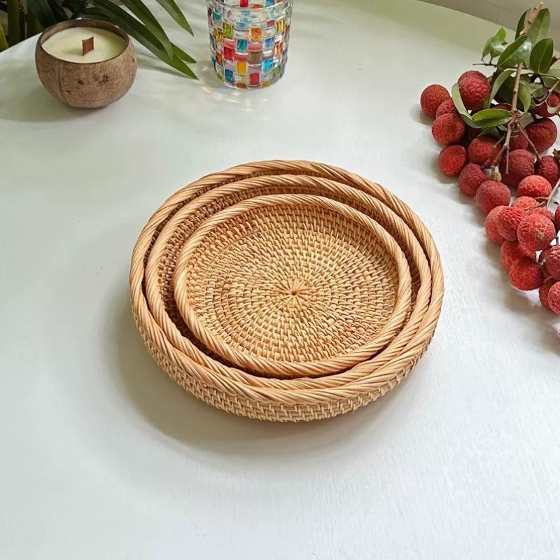Круглая корзина из ротанга для фруктов, домашняя корзина для паровых булочек, плетенка, хлеб, поднос из ротанга для фруктов, кухонная корзина для закусок