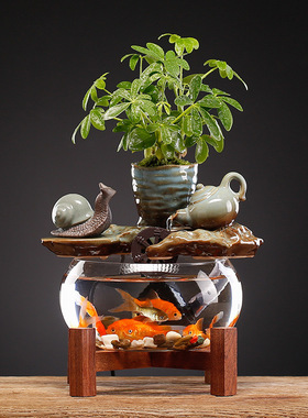 大师艺术高端新中式流水玻璃鱼缸摆件小型桌面客厅茶桌办公室装饰