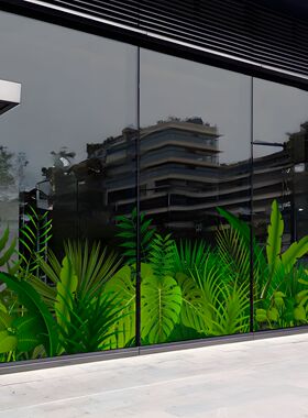 网红热带绿植橱窗静电玻璃贴纸夏季主题服装门店商场布置静电贴