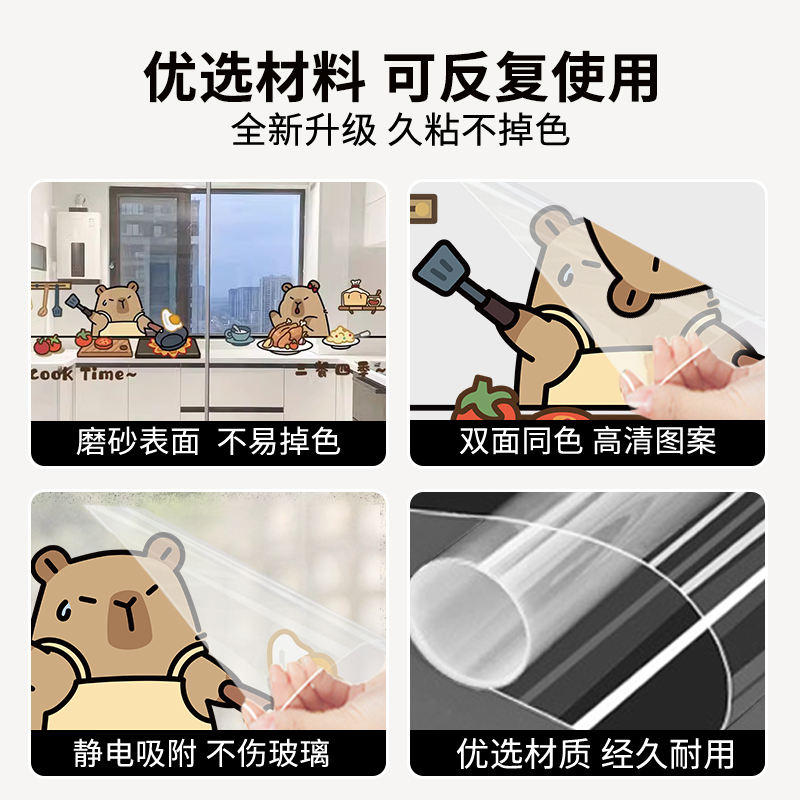 卡皮巴拉厨房推拉门静电贴玻璃门防撞贴纸阳台窗户玻璃贴纸装饰画 - 图2