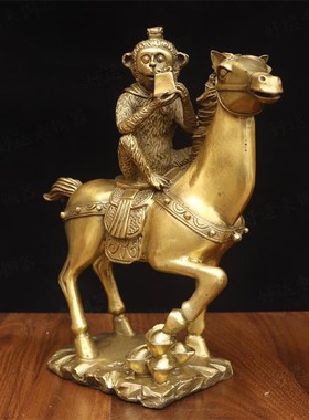 纯黄铜马上封侯吉祥摆件室内马上猴寿桃印章猴生肖马猴Y工艺品摆