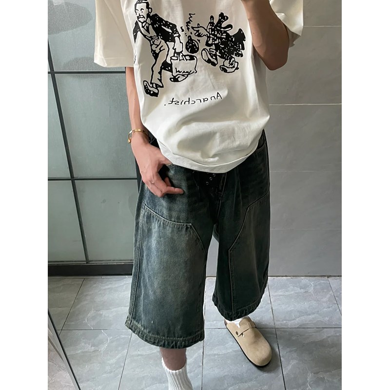 美式复古街头水洗伐木七分牛仔短裤男女宽松休闲做旧过膝阔腿裤子 - 图0