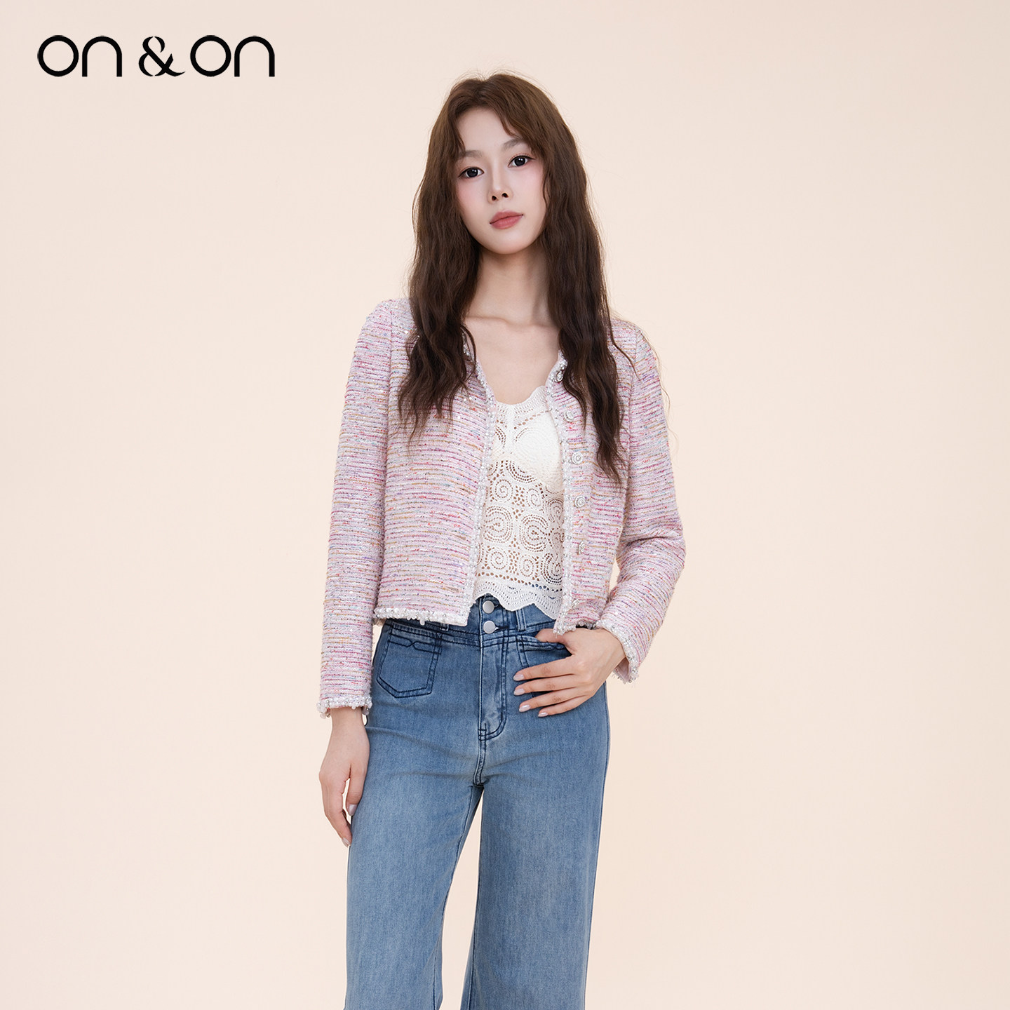 ON＆ON/安乃安2025冬季新款法式手工钉珠单排扣轻奢小香风短外套,淘宝优惠券,粉丝福利购,淘宝优惠卷