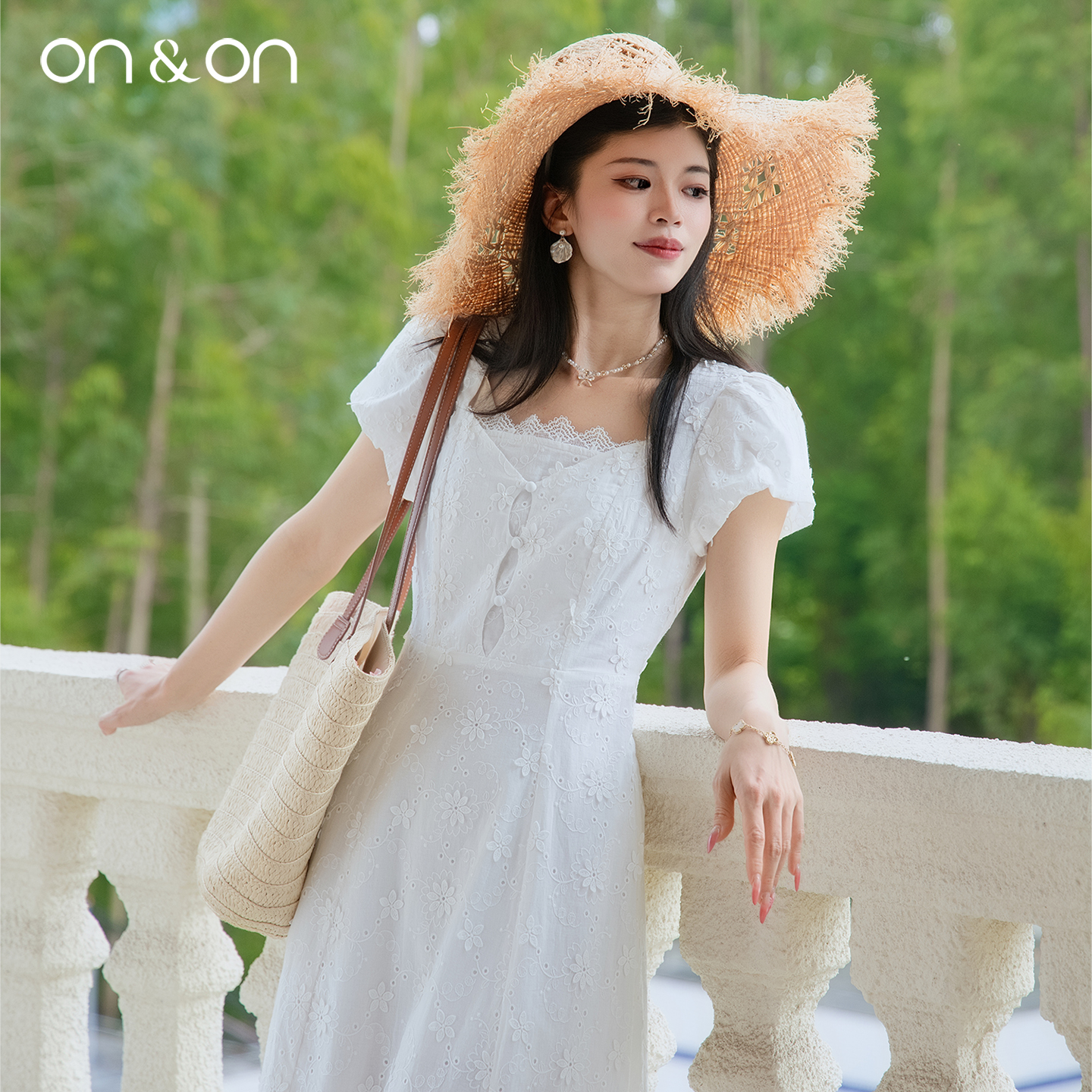 ON&ON/安乃安2025夏季新款法式方领甜美气质收腰白色廓系连衣裙 - 图0