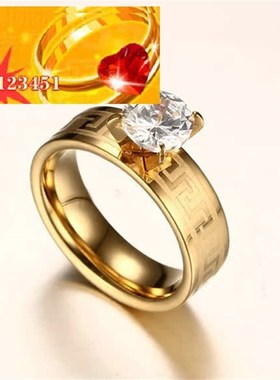 极速欧美时尚戒指外贸不锈钢镀金长城纹四爪锆石女戒女士X首饰rin