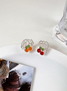 极速可爱少女小樱l桃水晶戒指韩版ins手工串珠水果樱桃葡萄弹力戒