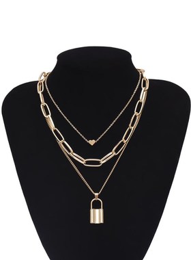 极速Hip Hop Muilti Layers chain necklace with heart lock wom