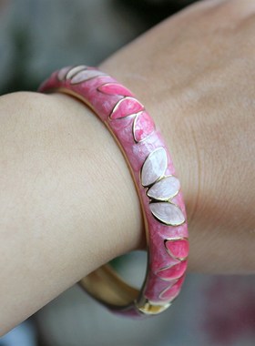 极速中国风北京旅游成人清新小叶子景泰蓝L手镯彩釉镀金手镯送女