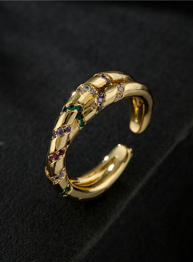 极速跨境新品 亚马逊wish热卖B几何开口戒指女 铜微镶锆石真金电