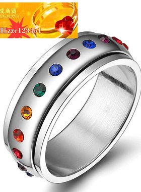 极速钛钢彩虹转动戒指镶彩色钻石戒指微镶女戒指不锈钢X戒指ring
