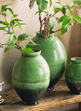 新品景德a镇陶瓷花瓶可水培翡翠绿色粗陶花器客厅插花装饰摆件复